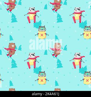 Vektor nahtloses Muster mit niedlichen Tieren Bär, Waschbär und Eule genießen Skifahren. Winterhintergrund, Tapete, Stoff, Geschenkpapier. Stock Vektor