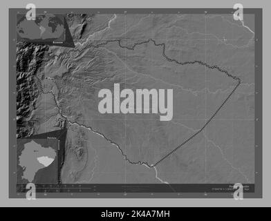 Pastaza, Provinz Ecuador. Bilevel-Höhenkarte mit Seen und Flüssen. Orte und Namen der wichtigsten Städte der Region. Zusätzliche Ecklokation Stockfoto