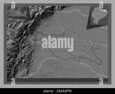 Sucumbios, Provinz Ecuador. Bilevel-Höhenkarte mit Seen und Flüssen. Standorte der wichtigsten Städte der Region. Karten für zusätzliche Eckposition Stockfoto