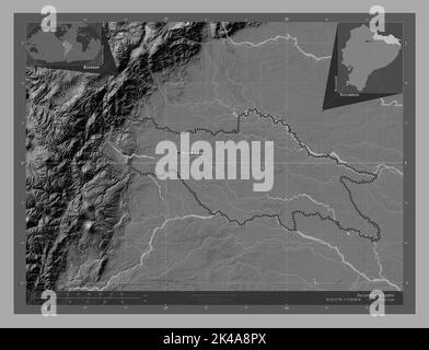 Sucumbios, Provinz Ecuador. Bilevel-Höhenkarte mit Seen und Flüssen. Orte und Namen der wichtigsten Städte der Region. Ecke Zusatzlokat Stockfoto