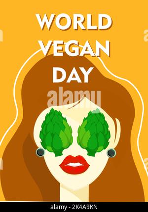 Flache Vektordarstellung eines veganen Posters mit einer fröhlichen Frau zum Welt-Vegan-Tag. Welt-Vegetarier-Tag für Social-Media-Post, Postkarte, Banner Stock Vektor