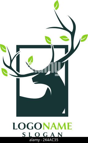 Wunderschönes Hirschlogo mit Blattelement auf dem Geweih Stock Vektor
