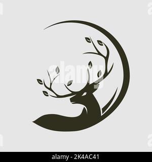 Wunderschönes Hirschlogo mit Blattelement auf dem Geweih Stock Vektor