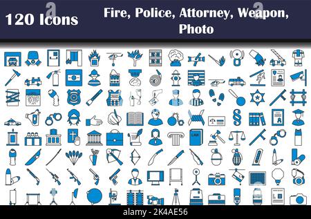 120 Symbole Von Feuer, Polizei, Anwalt, Waffe, Foto. Editierbare Fett Formatigte Kontur Mit Farbfüllungsdesign. Vektorgrafik. Stock Vektor