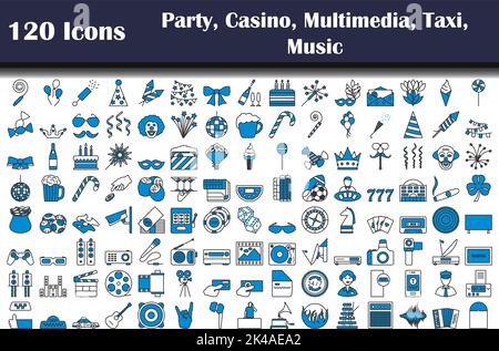 120 Ikonen Der Partei, Kasino, Multimedia, Taxi, Energie. Editierbare Fett Formatigte Kontur Mit Farbfüllungsdesign. Vektorgrafik. Stock Vektor