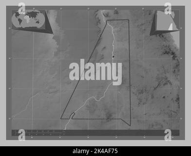 Assuan, Regierungsbezirk von Ägypten. Höhenkarte in Graustufen mit Seen und Flüssen. Karten für zusätzliche Eckposition Stockfoto