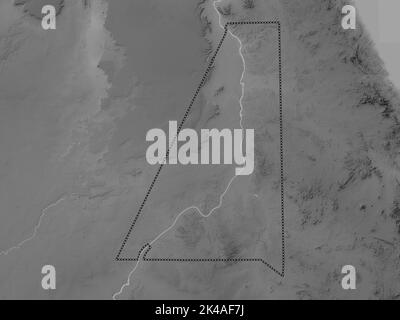Assuan, Regierungsbezirk von Ägypten. Höhenkarte in Graustufen mit Seen und Flüssen Stockfoto