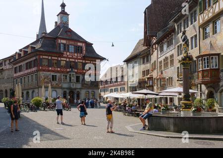 Historisches Rathaus am Rathausplatz, Altstadt, Stein am Rhein, Kanton Schaffhausen, Schweiz Stockfoto