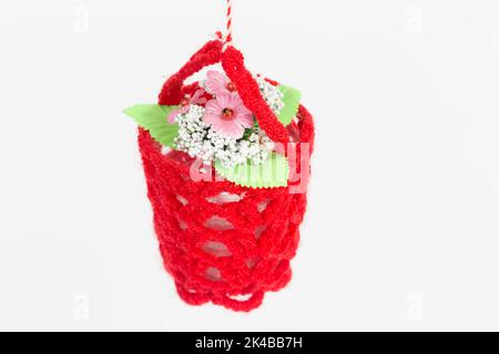 Ein Blumentopf in einem gestrickten Deckel. Es befindet sich auf einem weißen Hintergrund. Nahaufnahme. Stockfoto