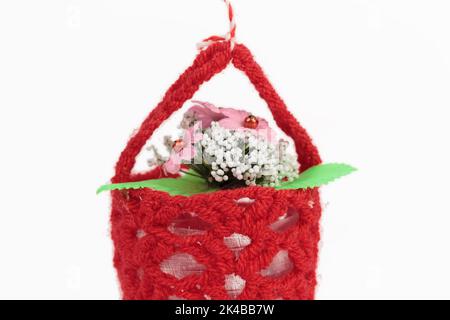 Ein Blumentopf in einem gestrickten Deckel. Es befindet sich auf einem weißen Hintergrund. Nahaufnahme. Stockfoto