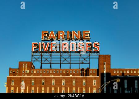 Farine Five Roses Sign, Lachine Canal, Griffintown, Montreal, Quebec, Kanada. Stockfoto