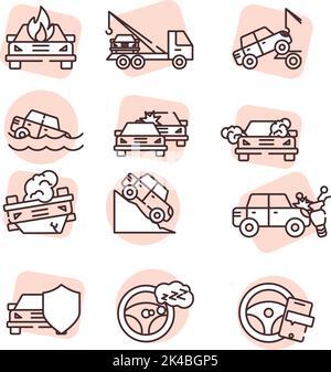 Autounfälle, Illustration, Vektor auf weißem Hintergrund. Stock Vektor