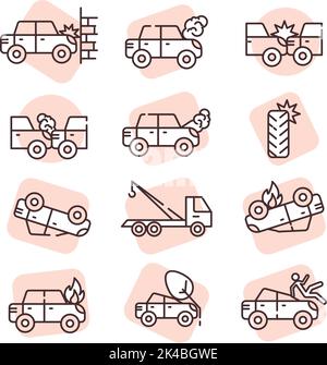 Autounfälle, Illustration, Vektor auf weißem Hintergrund. Stock Vektor