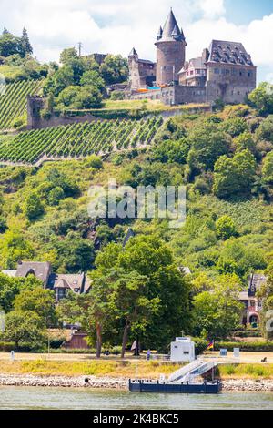 Rheintal, Bacharach, Deutschland. Burg Stahleck, 12. Jahrhundert, jetzt eine Jugendherberge. Stockfoto