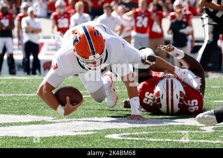 Madison, WI, USA. 1. Oktober 2022. Wisconsin Dachs Nasen-Angriff Keeanu Benton (95) säcke Illinois Fighting Illini Quarterback Tommy DeVito (3) während des NCAA Football Spiels zwischen den Illinois Fighting Illini und den Wisconsin Dachsen im Camp Randall Stadium in Madison, WI. Darren Lee/CSM/Alamy Live News Stockfoto