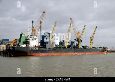 Frachtschiff CHINTANA NAREE bei der Tate & Lyle Sugar's Thames Refinery in Silvertown, London, lädt eine Ladung Rohrzucker aus Stockfoto