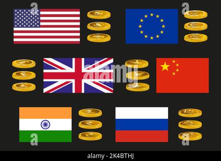 Satz von Vektor-Symbolen der wichtigsten Weltwährungen mit Länderflaggen in Goldtönen Stockfoto