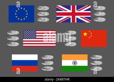 Satz von Vektor-Symbolen der wichtigsten Währungen der Welt mit Länderflaggen in Silbertönen Stockfoto