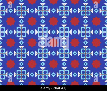 Geometrisches, nahtloses abstraktes Material Design mit mehrfarbigem Muster nativer Tribal symmetrisch perfekt für Mode Textildesign niedlicher Stoff Stockfoto