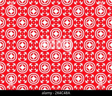 Abstraktes Rot – nahtloses, flaches Muster mit Ziermuster, geometrischen Quadraten und dekorativem Motiv auf Hintergrund für Tapeten und Textilien Stockfoto