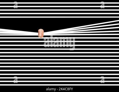 Ein Finger zieht eine Litze in einem Blind herunter, um in einer 3-d-Illustration über Vorsicht aus dem Fenster zu schauen. Stockfoto