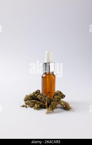 Vertikale Abbildung einer Flasche CBD-Öl und getrockneten Marihuana-Blättern auf weißer Oberfläche Stockfoto