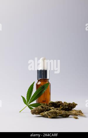 Vertikale Abbildung einer Flasche CBD-Öl und Marihuana-Blatt auf weißer Oberfläche Stockfoto