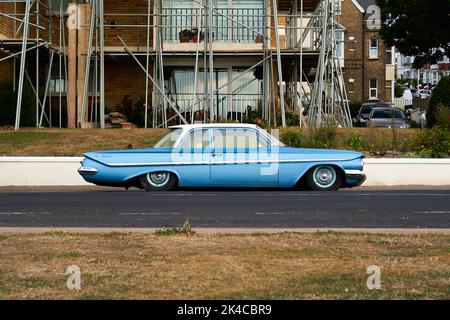 Ein blauer 1961 4-türig Chevrolet Bel Air klassischer amerikanischer Wagen Stockfoto