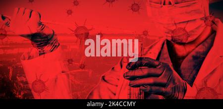 Wissenschaftlerin hält Laborglas gegen Stadt Tests auf Coronavirus, globales Pandemiekonzept Stockfoto