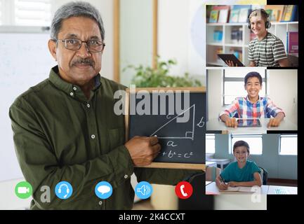 Videoanruf-Schnittstelle mit verschiedenen männlichen Lehrer und Schüler auf dem Bildschirm. Kommunikationstechnik und Online-Grundbildung digital composit Stockfoto