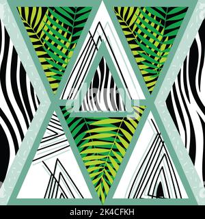 Geometrische grüne, weiße und schwarze Blatt- und Zebramuster. Farbgeometriekonzept digital generiertes Bild. Stockfoto