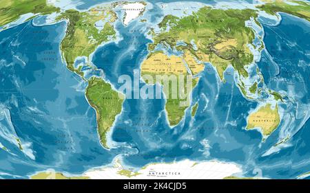 Detaillierte physikalische Weltkarte Winkel-Tripel Projektion Stockfoto