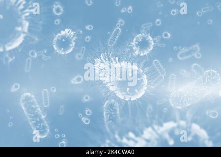 Abstrakte Illustration von Covid-19-Zellen und Blutgefäßen vor blauem Hintergrund. Illustration des Covid-19-Ausbruchs und des medizinischen Gesundheitsrisikos einer Pandemie Stockfoto