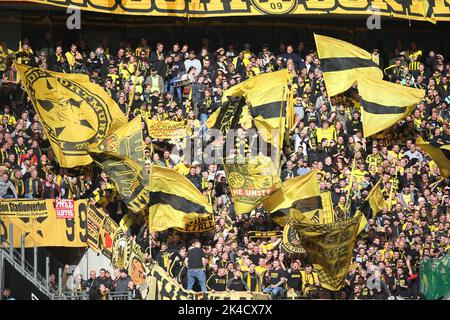 Köln, Deutschland. 01. Oktober 2022. Dortmunder Fans winken beim Bundesliga-Fußballspiel zwischen dem FC Köln und Borussia Dortmund in Köln Flagge. (Endnote: Köln 3:2 Borussia Dortmund) Credit: SOPA Images Limited/Alamy Live News Stockfoto