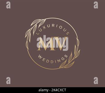 MV Initialen Brief Hochzeit Monogramm Logos Vorlage, handgezeichnete moderne minimalistische und florale Vorlagen für Einladungskarten, Save the Date, elegant Stock Vektor