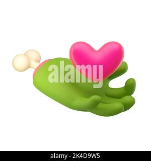 3D Zombie Hand in Kunststoff-Cartoon-Stil. Grüne Monster Halloween Charakter Handflächen mit Knochen halten rosa Herz. Hochwertiges isoliertes Rendern Stockfoto