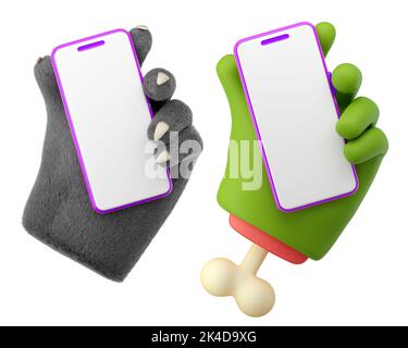 3D pelzigen Wolf und Zombie Hände halten Handy-Set in Kunststoff-Cartoon-Stil. Werwolf und grüne Monster Halloween Charakter Palmen. Hochwertiges isoliertes Rendern Stockfoto