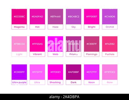 Magentarote Farbpalette mit Farbnamen und Hexadezimalcodes Stock Vektor
