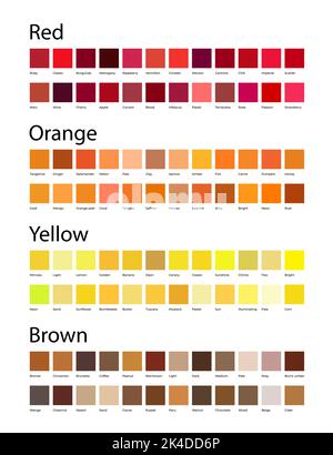 Farbtöne Farbfelder Palette mit Farbnamen in Rot, Orange, Gelb und Braun Stock Vektor
