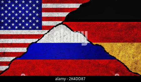 Die USA, Russland und Deutschland sind auf einer strukturierten Wand zusammengefaßt. Diplomatische Beziehungen zwischen Russland, Deutschland und den Vereinigten Staaten von Amerika Stockfoto