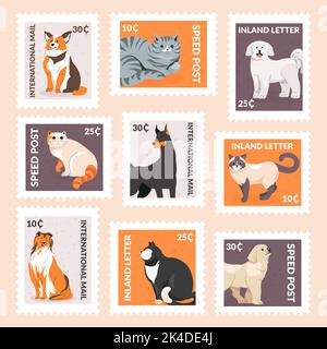 Briefmarke mit niedlichen bunten Katze, Hund Charakter Stock Vektor