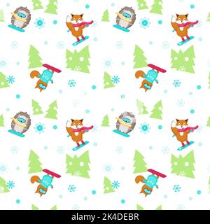 Vektor nahtloses Muster mit niedlichen Tieren Snowboarding Stock Vektor