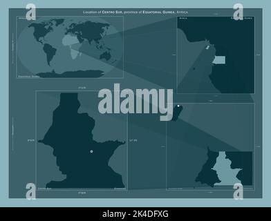 Centro Sur, Provinz Äquatorialguinea. Diagramm, das die Position der Region auf größeren Karten zeigt. Zusammensetzung von Vektorrahmen und PNG-Form Stockfoto