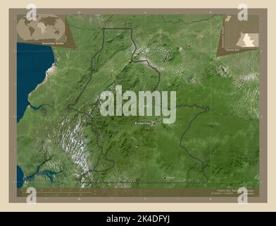 Centro Sur, Provinz Äquatorialguinea. Hochauflösende Satellitenkarte. Orte und Namen der wichtigsten Städte der Region. Zusätzliche Position der Ecke Stockfoto