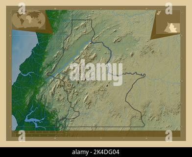 Centro Sur, Provinz Äquatorialguinea. Farbige Höhenkarte mit Seen und Flüssen. Karten für zusätzliche Eckposition Stockfoto
