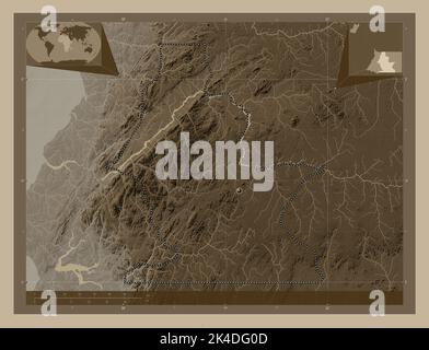 Centro Sur, Provinz Äquatorialguinea. Höhenkarte in Sepia-Tönen mit Seen und Flüssen. Karten für zusätzliche Eckposition Stockfoto