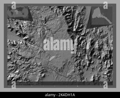 Maekel, Region Eritrea. Bilevel-Höhenkarte mit Seen und Flüssen. Standorte der wichtigsten Städte der Region. Karten für zusätzliche Eckposition Stockfoto