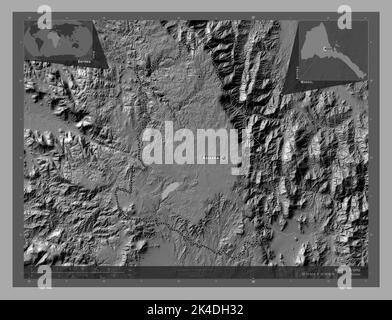 Maekel, Region Eritrea. Bilevel-Höhenkarte mit Seen und Flüssen. Orte und Namen der wichtigsten Städte der Region. Ecke Zusatzposition m Stockfoto