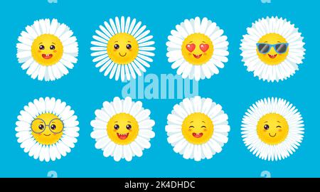 Kamille Lächeln, Gänseblümchen Blumen mit Cartoon-Gesicht, Vektor glücklich niedlichen Kamillen. Kamille und Gänseblümchen Blumen Emoji oder Emoticons mit Ausdrücken, lustige Baby Kamille in Sonnenbrillen Stock Vektor