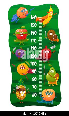 Kinder Höhendiagramm, Cartoon-Superheld und Verteidiger Obst Vektor-Charaktere. Wandaufkleber mit tapferem Apfel, Banane, Orange, Ananas oder Pfirsich, Banane, Kiwi, Pflaume und Birne Stock Vektor